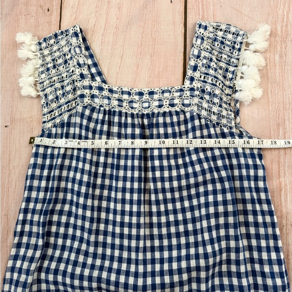 J. McLaughlin Size Medium Dress Linen Blue White Gingham Eyelet Pockets Shift - Picture 7 of 7